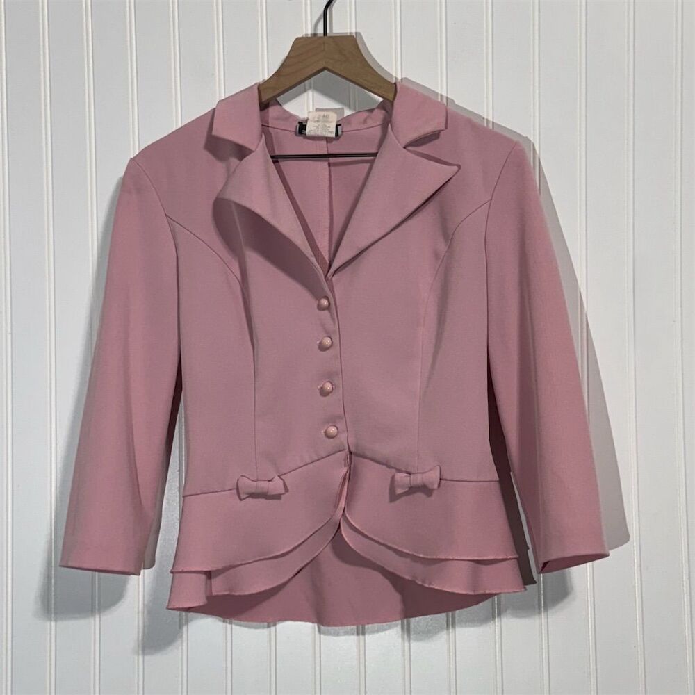 Vintage Breakin’ Loose Pink Blazer Jacket 5/6 Peplum Bow 80s Secretary Coquette